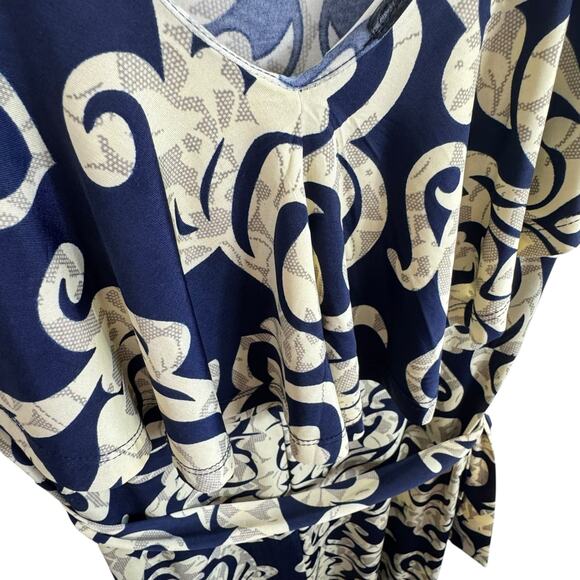 Navy Blue Cream Scoop Neck Ruffled Neckline Belted Stretchy Maxi Dress Size L - Picture 4 of 4